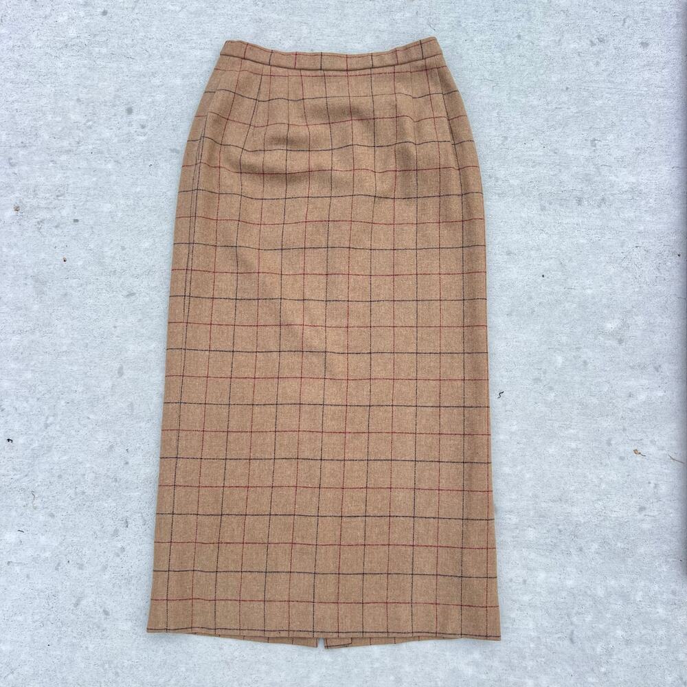 Vintage 90s Pendleton Wool Plaid Midi Pencil Skirt Tan Black Check Size 8